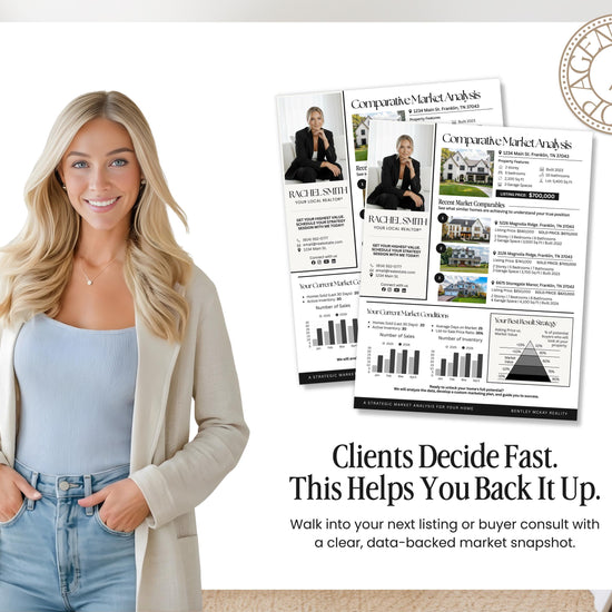a smiling woman in a light-colored jacket standing next to a collage of real estate listings and statistics.
