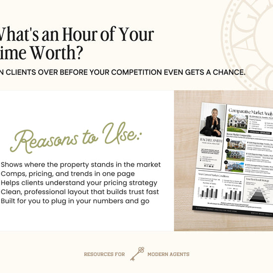 The image is a promotional graphic for real estate agents, featuring a clock, a person, and various real estate-related elements.