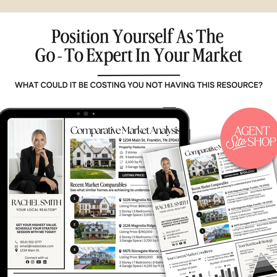 The image is a collage of real estate-related images, including a tablet displaying a real estate agent's website, a brochure, and a comparison of market analysis reports.