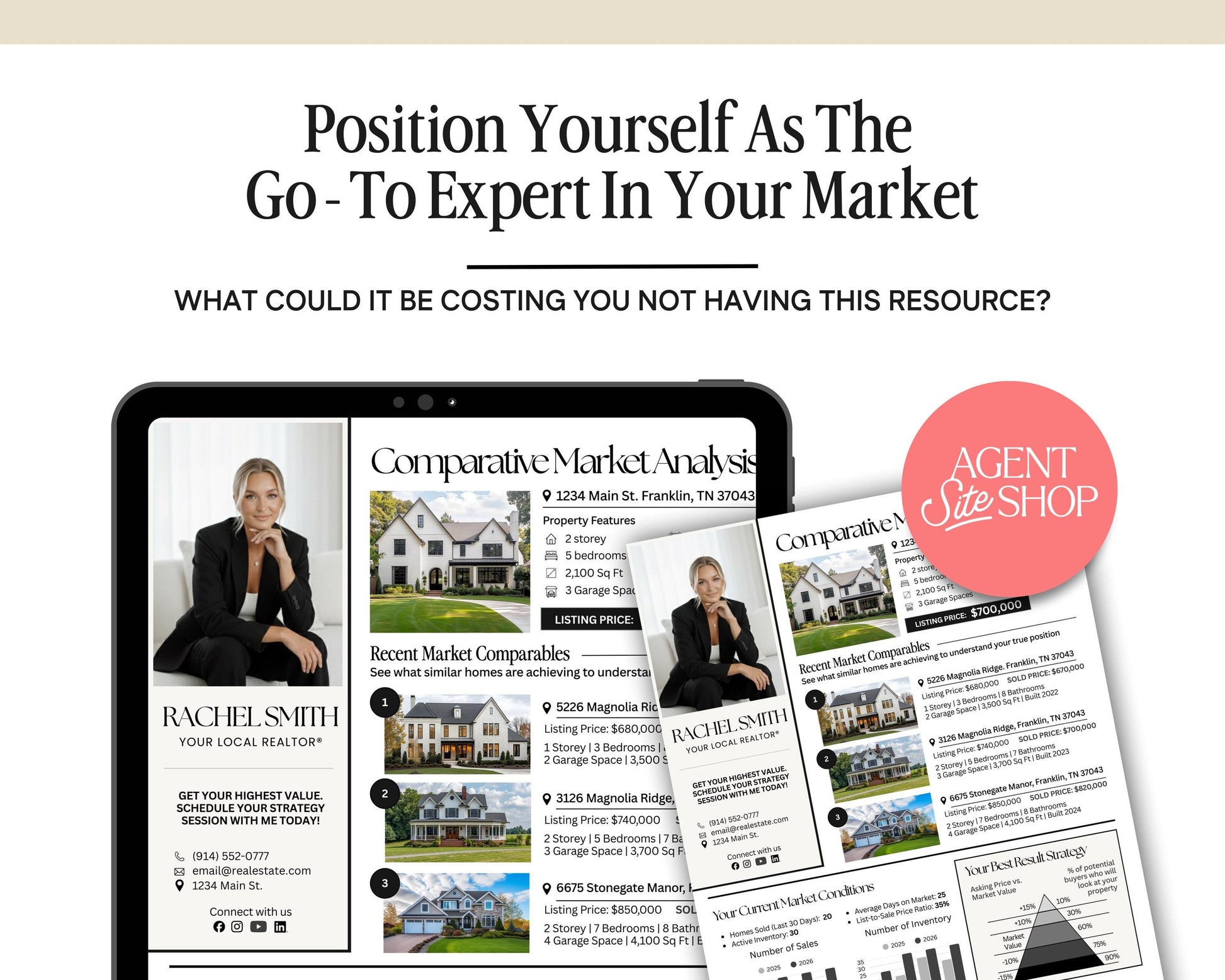 The image is a collage of real estate-related images, including a tablet displaying a real estate agent's website, a brochure, and a comparison of market analysis reports.