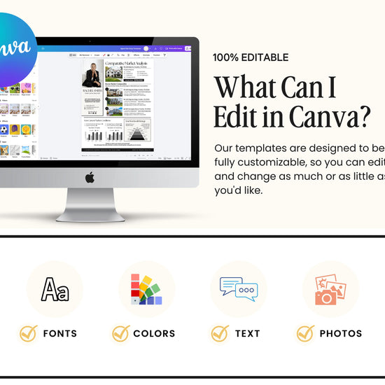 The image is a promotional graphic for a software called Canva, which allows users to create and customize various types of digital content, such as documents, presentations, and infographics.