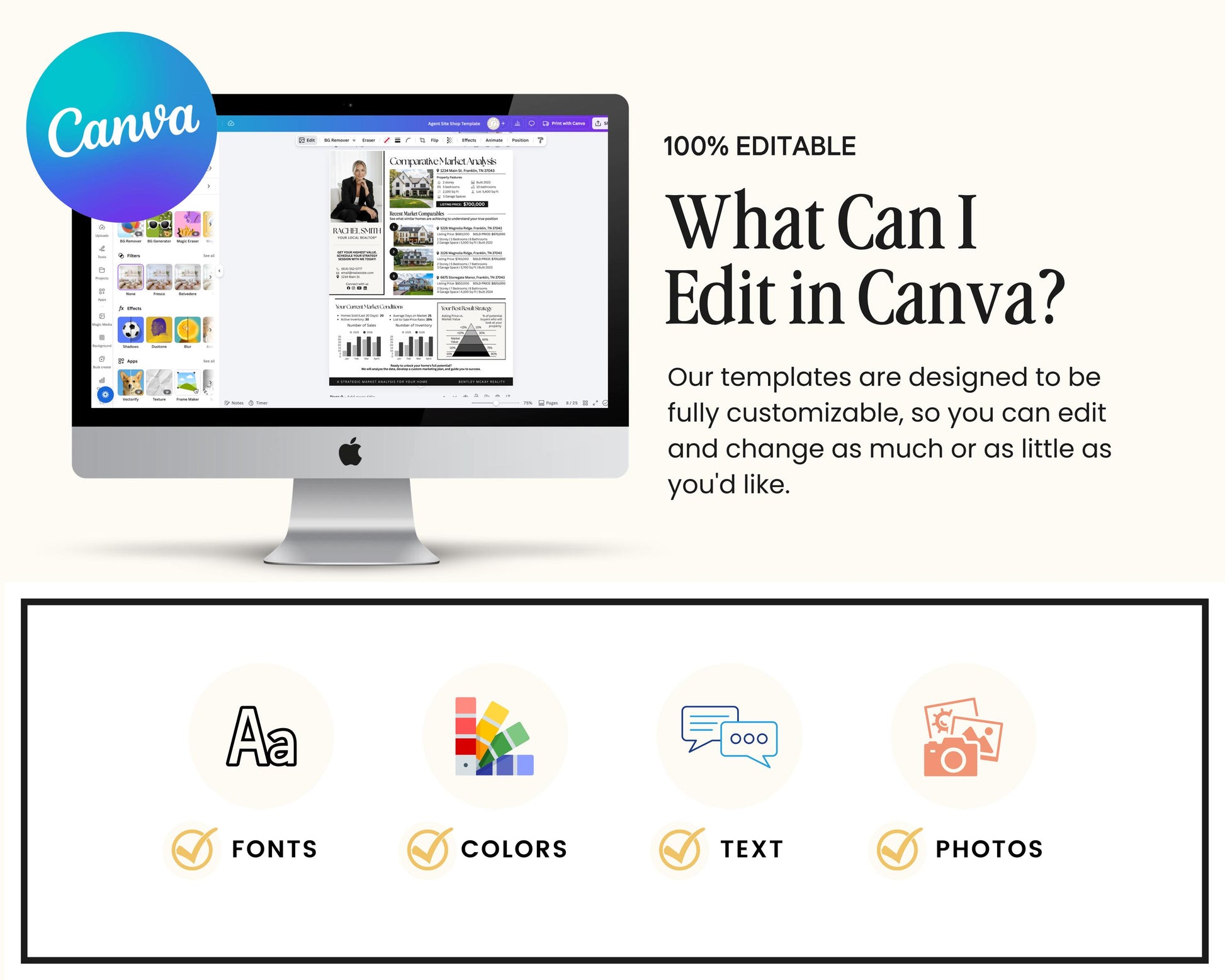 The image is a promotional graphic for a software called Canva, which allows users to create and customize various types of digital content, such as documents, presentations, and infographics.