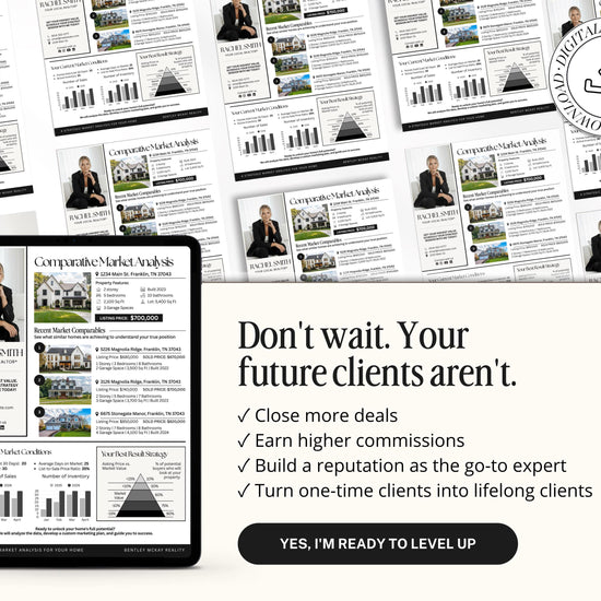 The image is a collage of real estate-related documents and statistics, including a tablet displaying a real estate market analysis and a message encouraging the reader to close more deals, earn higher commissions, build a reputation as a go-to expert, and turn one-time clients into lifelong clients.