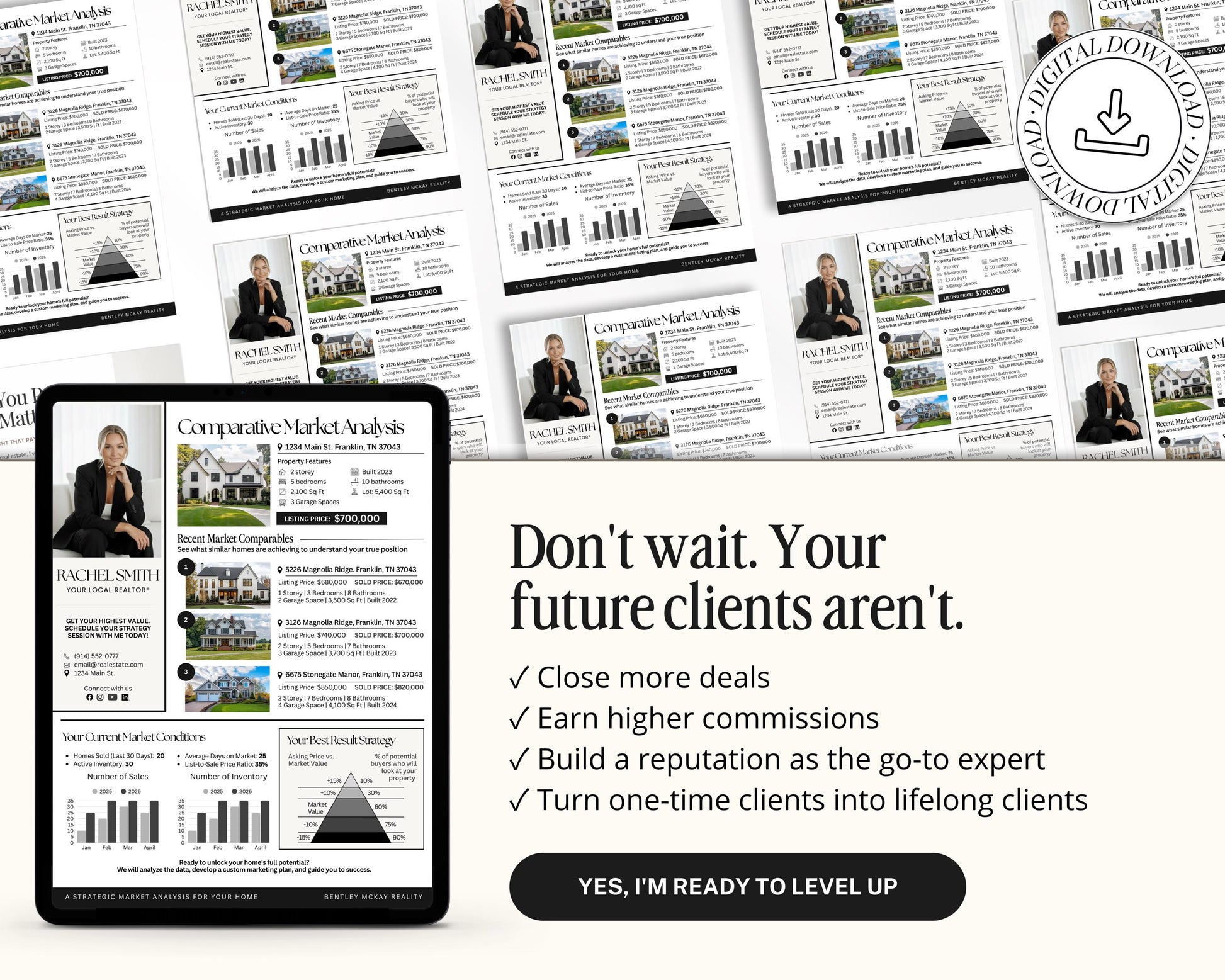 The image is a collage of real estate-related documents and statistics, including a tablet displaying a real estate market analysis and a message encouraging the reader to close more deals, earn higher commissions, build a reputation as a go-to expert, and turn one-time clients into lifelong clients.