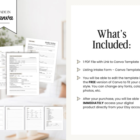 a collage of several blank forms, including a free canvas template and a listing intake form. The forms are printed in black and white, and the image includes a "Made in Canva" logo.