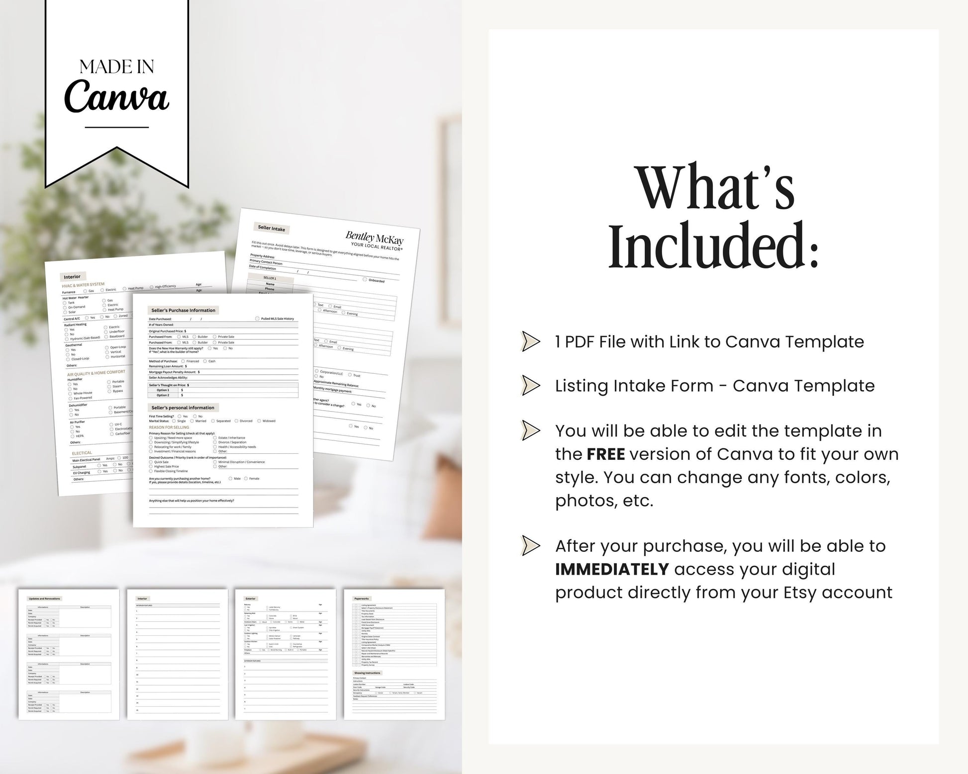 a collage of several blank forms, including a free canvas template and a listing intake form. The forms are printed in black and white, and the image includes a "Made in Canva" logo.
