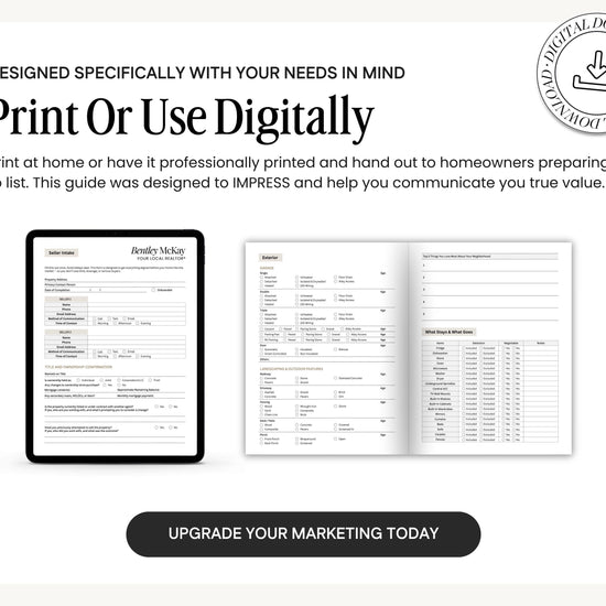The image is a promotional advertisement for a guide that helps homeowners prepare to list their homes for sale. It features a tablet displaying the guide, a printed guide, and a digital download button.