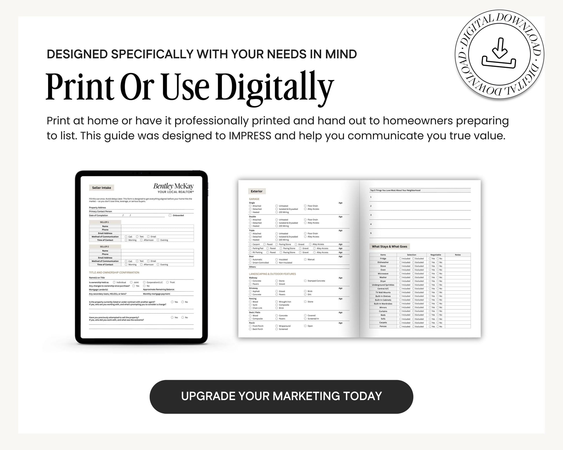 The image is a promotional advertisement for a guide that helps homeowners prepare to list their homes for sale. It features a tablet displaying the guide, a printed guide, and a digital download button.