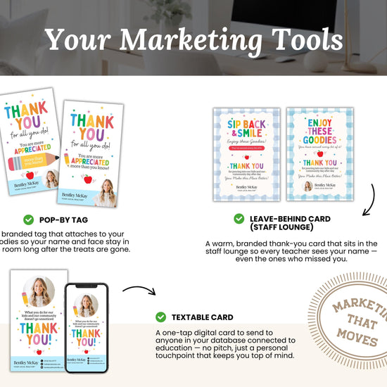 The image is a marketing tool advertisement featuring a "Thank You" card, a "Sip Back & Smile" card, and a "Leave-Behind Card" for teachers. The cards are designed to be attached to a personalized name tag, and they are intended to be sent to teachers as a way to express gratitude for their hard work.