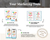 The image is a marketing tool advertisement featuring a "Thank You" card, a "Sip Back & Smile" card, and a "Leave-Behind Card" for teachers. The cards are designed to be attached to a personalized name tag, and they are intended to be sent to teachers as a way to express gratitude for their hard work.