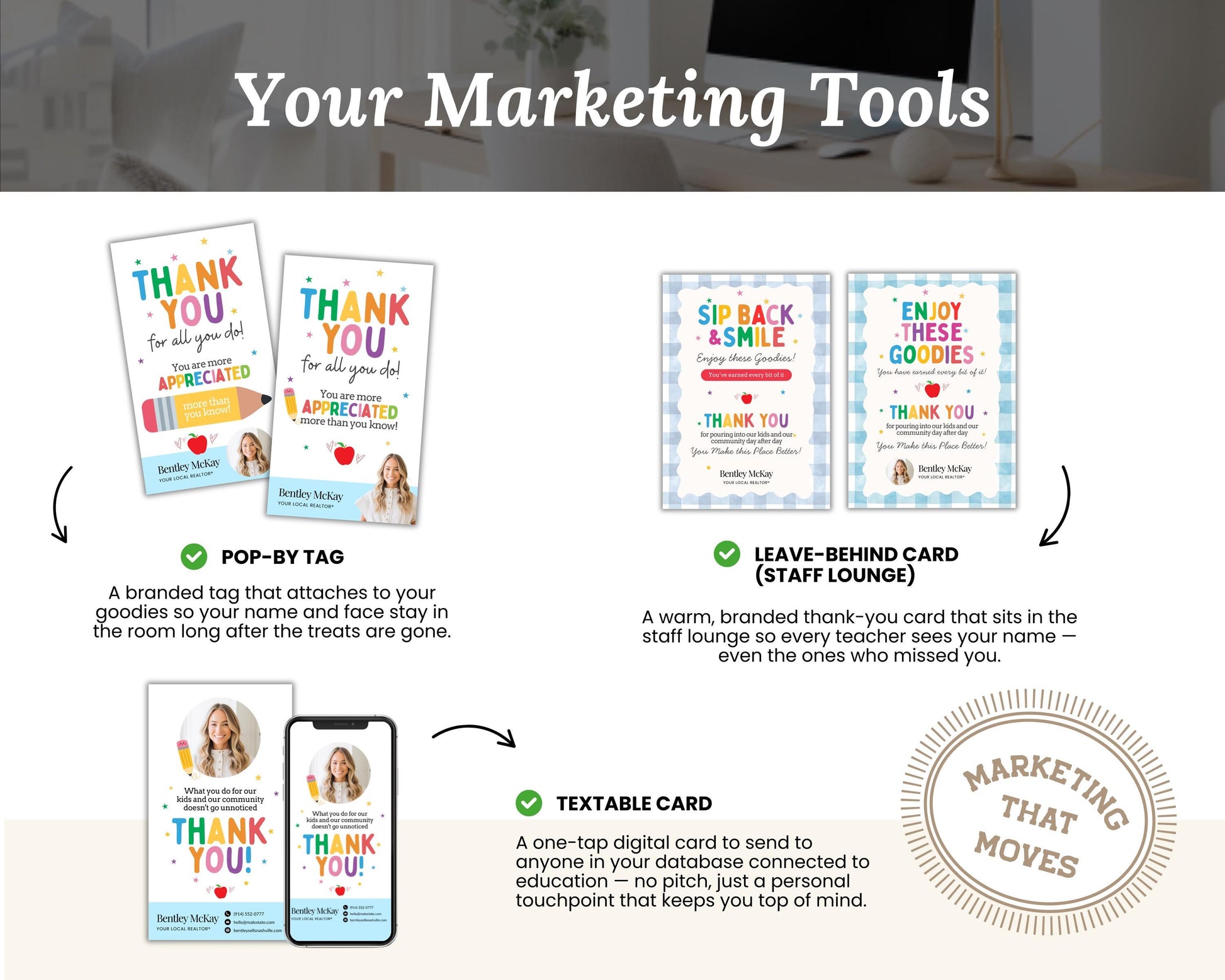 The image is a marketing tool advertisement featuring a "Thank You" card, a "Sip Back & Smile" card, and a "Leave-Behind Card" for teachers. The cards are designed to be attached to a personalized name tag, and they are intended to be sent to teachers as a way to express gratitude for their hard work.