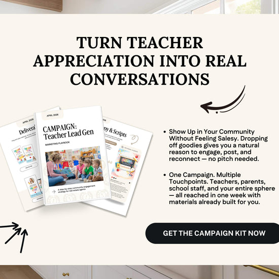 The image is an advertisement for a campaign kit that encourages teachers to turn their appreciation into real conversations. It features a book titled "Campfire Teacher Lead Engagement" and a flyer with a list of benefits for participating in the campaign.