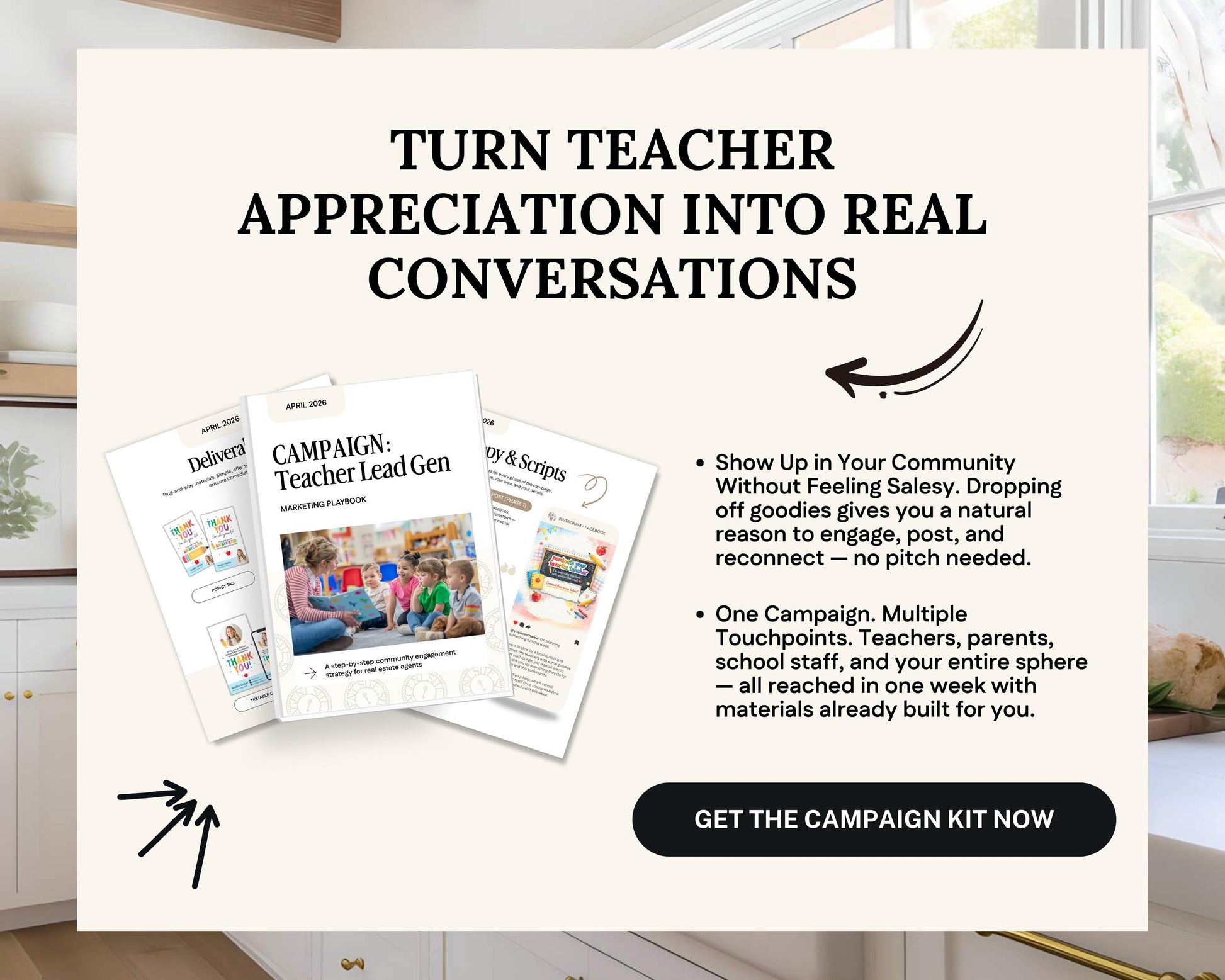 The image is an advertisement for a campaign kit that encourages teachers to turn their appreciation into real conversations. It features a book titled "Campfire Teacher Lead Engagement" and a flyer with a list of benefits for participating in the campaign.