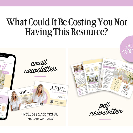 The image is a collage of various real estate-related materials, including a smartphone displaying a real estate app, brochures, and a flyer. The text asks "What Could It Be Costing You Not Having This Resource?" and includes options like an email newsletter, a brochure, and a flyer. The image does not contain any redundancy or vague descriptions, and it does not begin with phrases like "The image depicts" or "The image displays."