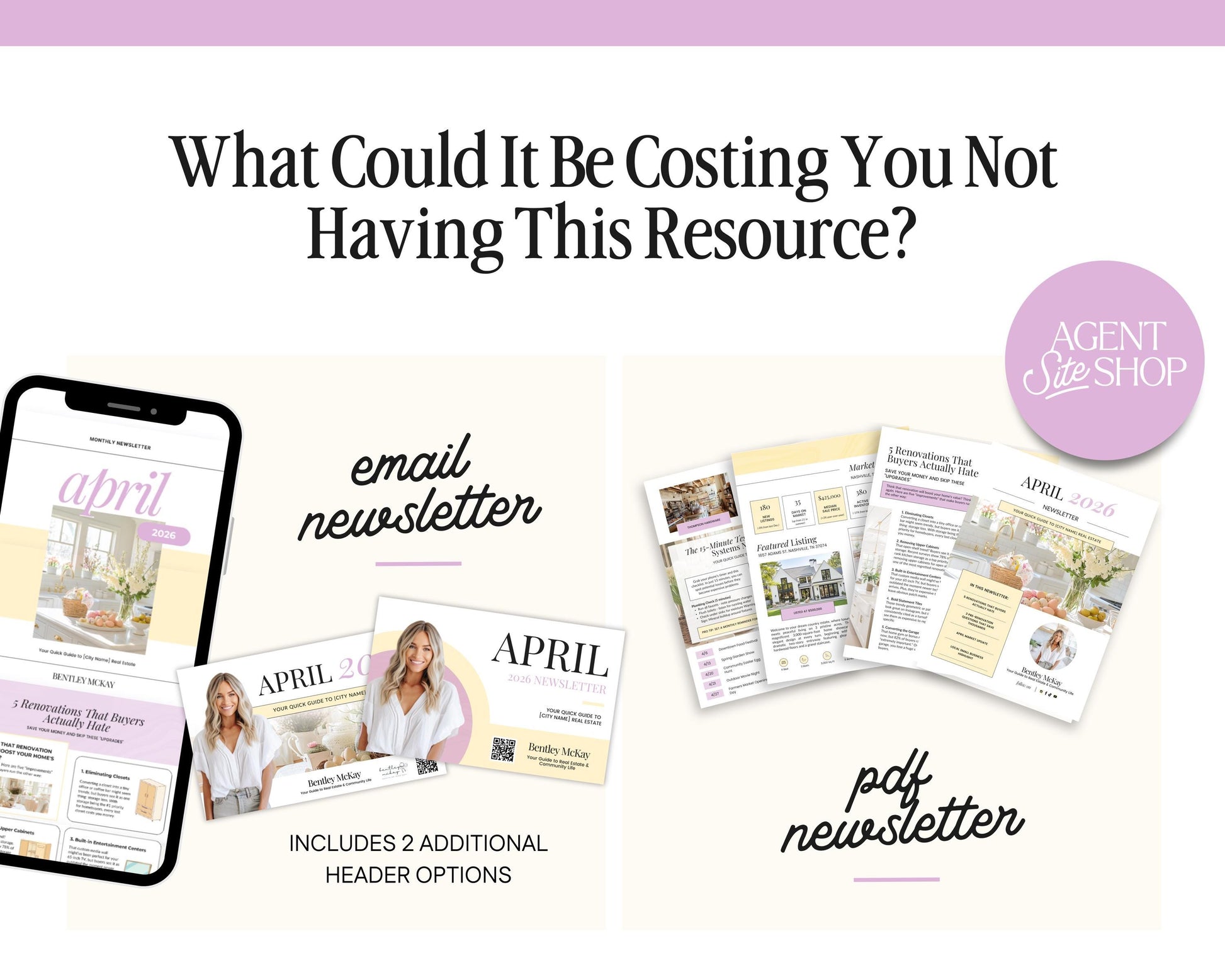 The image is a collage of various real estate-related materials, including a smartphone displaying a real estate app, brochures, and a flyer. The text asks "What Could It Be Costing You Not Having This Resource?" and includes options like an email newsletter, a brochure, and a flyer. The image does not contain any redundancy or vague descriptions, and it does not begin with phrases like "The image depicts" or "The image displays."