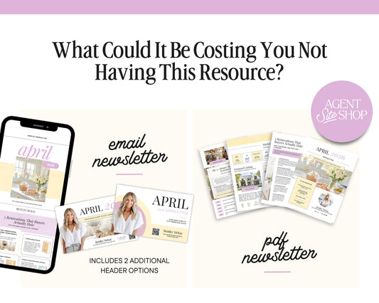 The image is a collage of various real estate-related materials, including a smartphone displaying a real estate app, brochures, and a flyer. The text asks "What Could It Be Costing You Not Having This Resource?" and includes options like an email newsletter, a brochure, and a flyer. The image does not contain any redundancy or vague descriptions, and it does not begin with phrases like "The image depicts" or "The image displays."