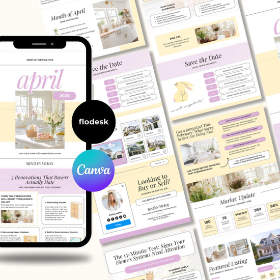 The image is a collage of various real estate-related images, including property listings, home staging, and interior design ideas. The collage is spread across a flat surface, with a smartphone displaying a real estate magazine or website in the foreground.