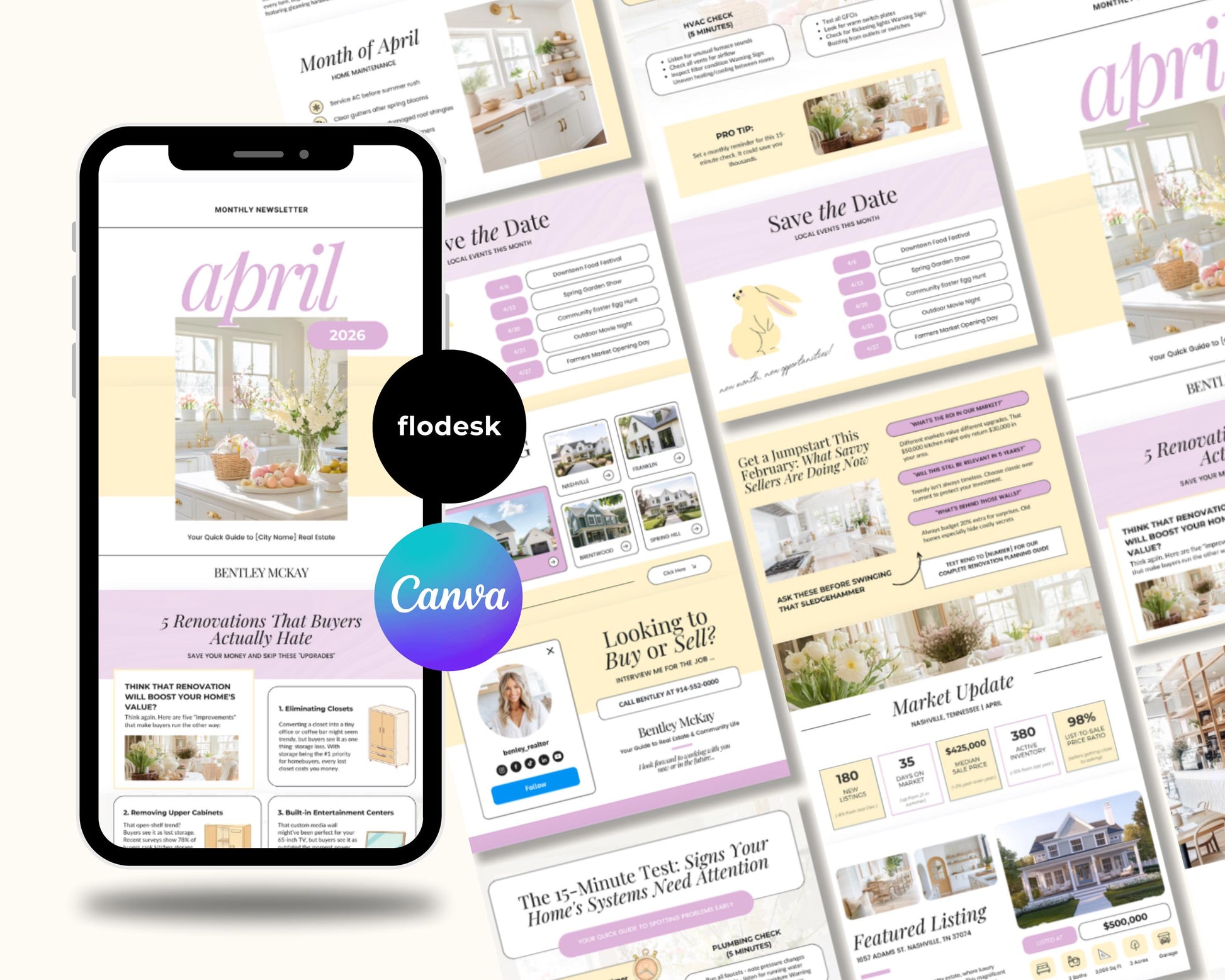 The image is a collage of various real estate-related images, including property listings, home staging, and interior design ideas. The collage is spread across a flat surface, with a smartphone displaying a real estate magazine or website in the foreground.