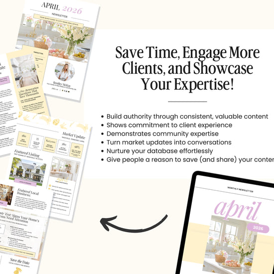 The image is a collage of various documents and materials related to real estate, including brochures, flyers, and a tablet displaying a website. The text in the image emphasizes the importance of engaging with clients and showcasing one's expertise, suggesting that the content is valuable and informative.