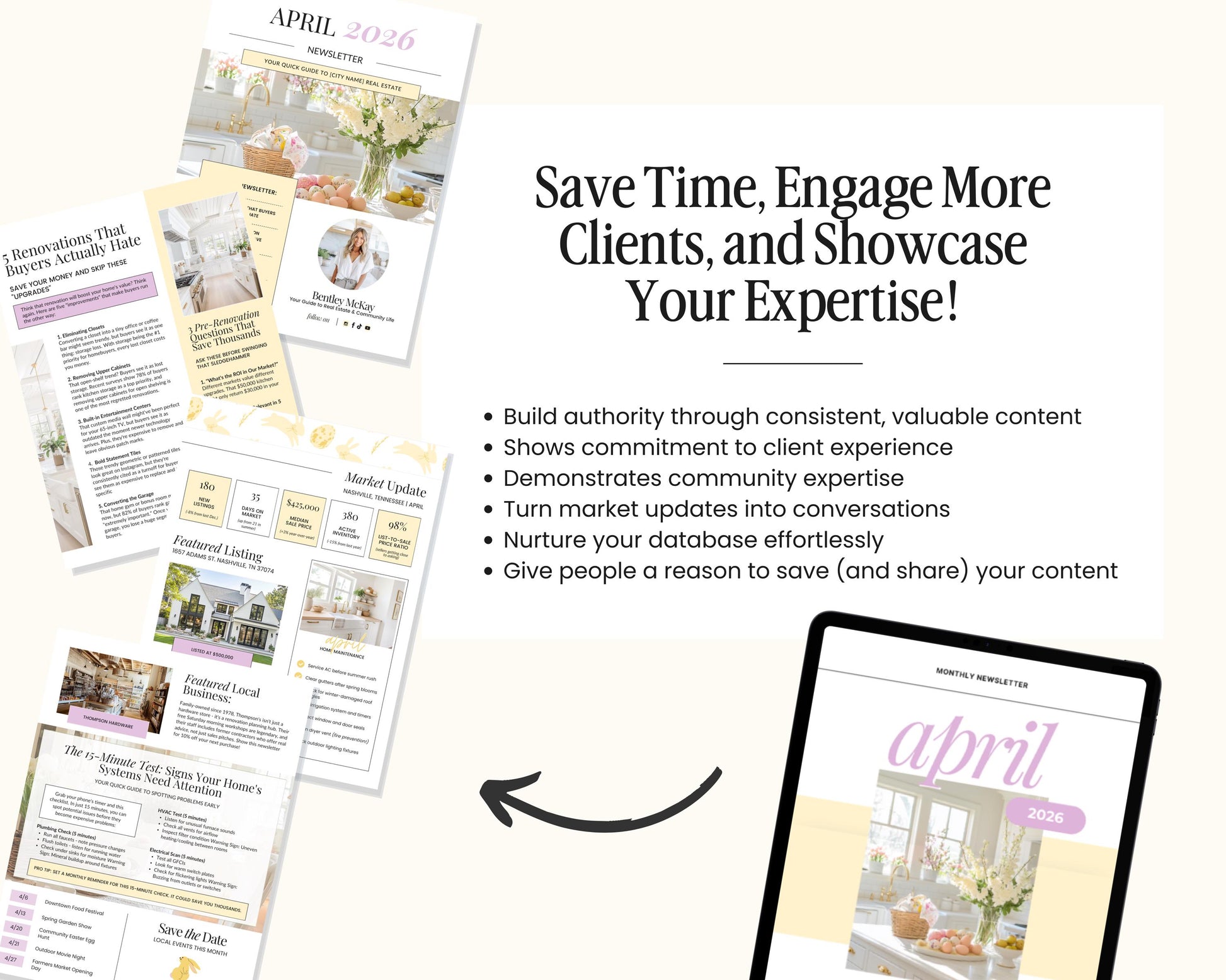 The image is a collage of various documents and materials related to real estate, including brochures, flyers, and a tablet displaying a website. The text in the image emphasizes the importance of engaging with clients and showcasing one's expertise, suggesting that the content is valuable and informative.