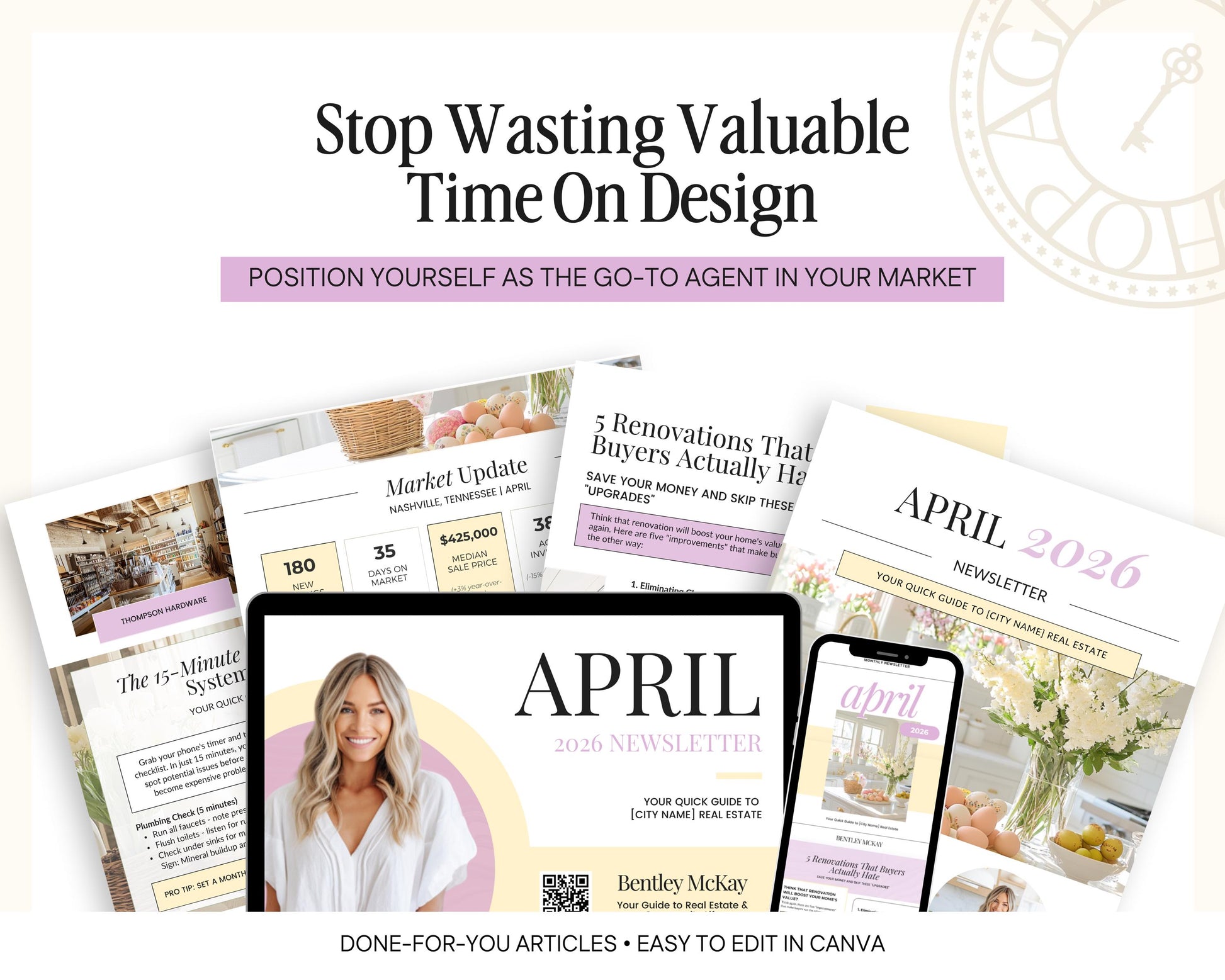 The image is a collage of various real estate-related articles and materials, including a laptop displaying a real estate agent's website, a magazine or brochure, and a smartphone displaying a real estate app. The text in the image emphasizes the importance of positioning oneself as the go-to agent in the real estate market, and provides tips on how to do so.