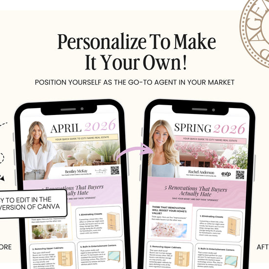 The image is a collage of two images, each showing a smartphone screen with a real estate advertisement. The text on the advertisement is personalized to each individual phone screen, suggesting that the image is being edited in the CNAV (Center for Natural and Artificial Intelligence) before and after the editing process.