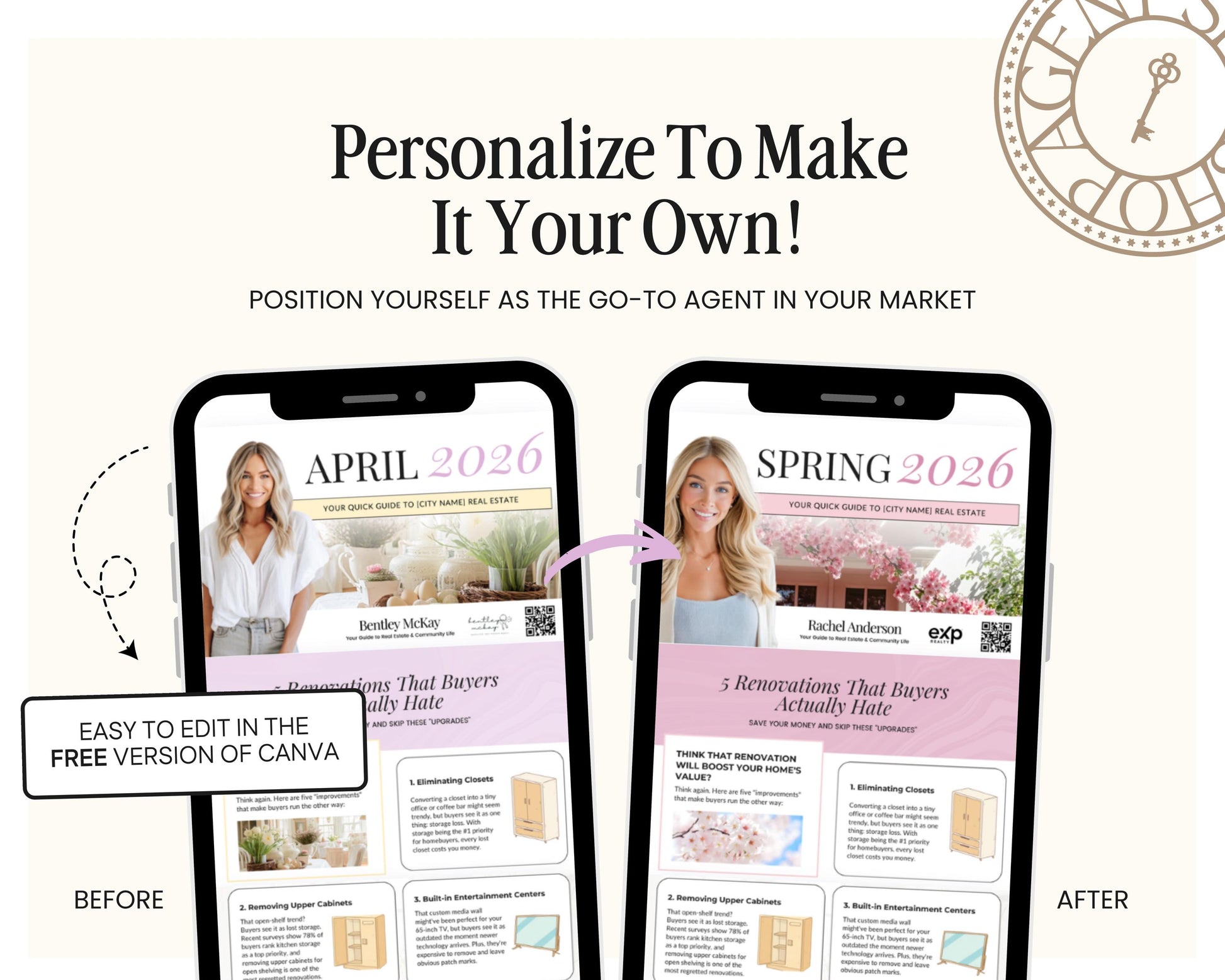 The image is a collage of two images, each showing a smartphone screen with a real estate advertisement. The text on the advertisement is personalized to each individual phone screen, suggesting that the image is being edited in the CNAV (Center for Natural and Artificial Intelligence) before and after the editing process.