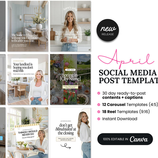 April Real Estate Social Media Content Canva Bundle + Captions | Real Estate Agent Instagram Content | Real Estate Marketing Canva Template