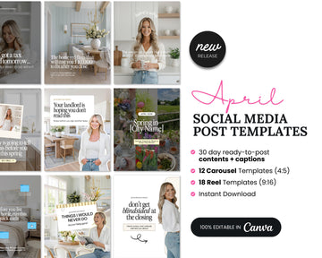 April Real Estate Social Media Content Canva Bundle + Captions | Real Estate Agent Instagram Content | Real Estate Marketing Canva Template