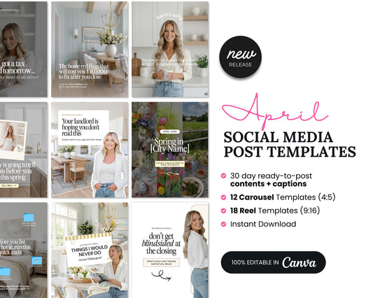 April Real Estate Social Media Content Canva Bundle + Captions | Real Estate Agent Instagram Content | Real Estate Marketing Canva Template