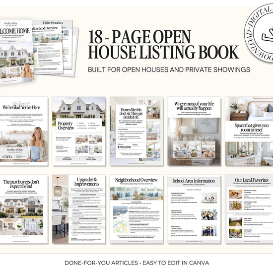 The image is a collage of various real estate listings and articles, including open houses, property improvements, and neighborhood overviews.