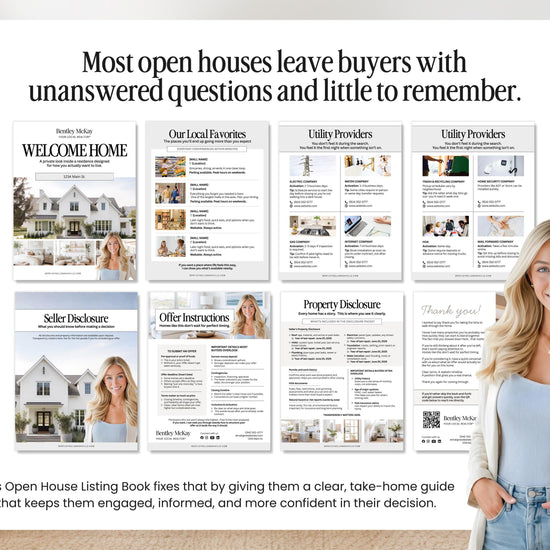 The image is a collage of open house listing books, featuring a woman standing in front of a wall with the books displayed. The books are titled "Welcome Home" and "Our Local Favorites", and they provide information about the homes for sale. The woman is smiling and appears to be posing for the photo.