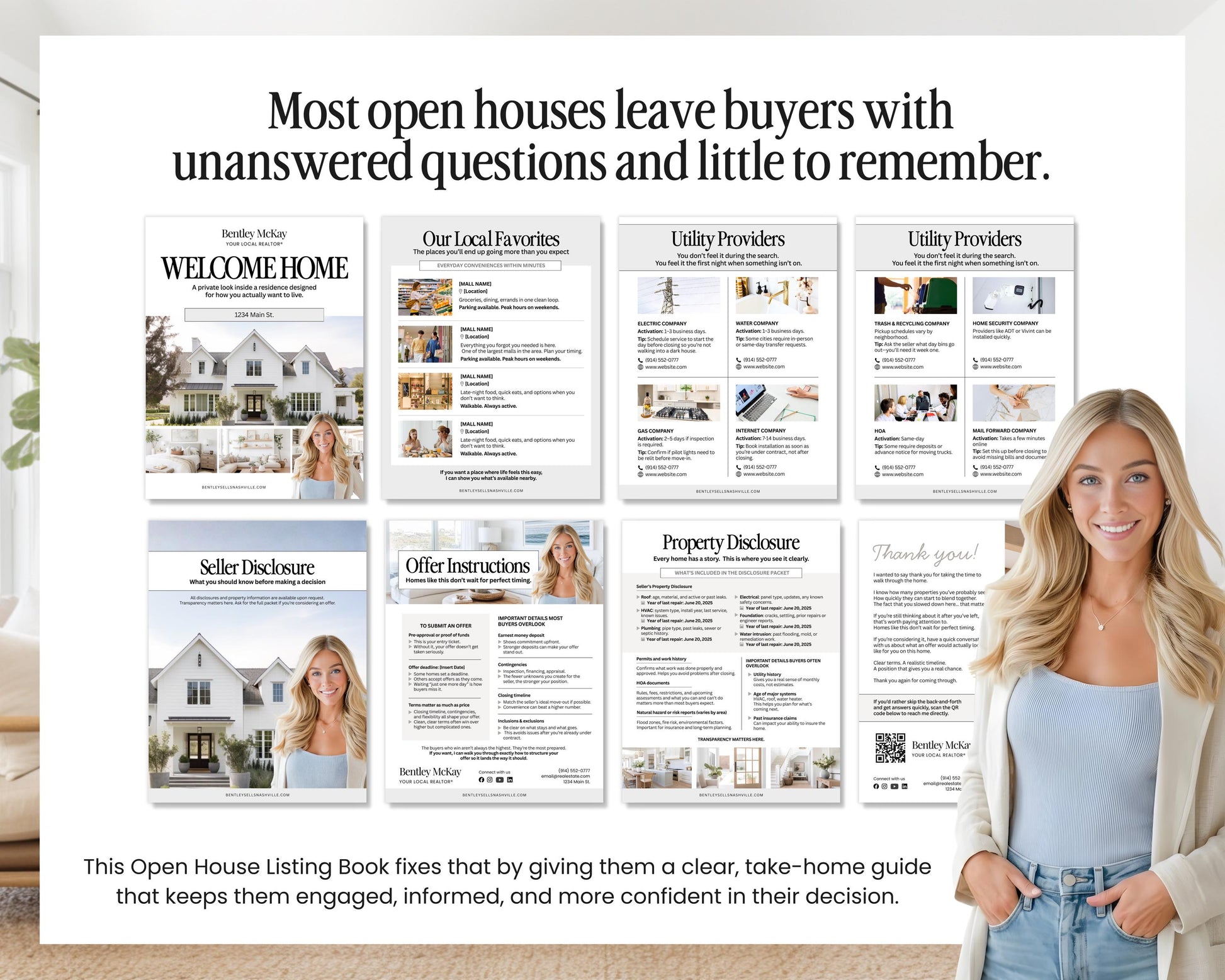 The image is a collage of open house listing books, featuring a woman standing in front of a wall with the books displayed. The books are titled "Welcome Home" and "Our Local Favorites", and they provide information about the homes for sale. The woman is smiling and appears to be posing for the photo.