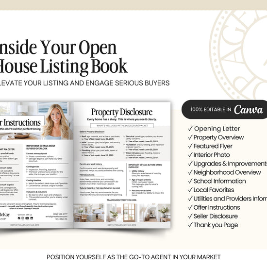 The image is a collage of various images related to real estate listings, including property descriptions, open house instructions, and a list of features and benefits.