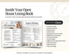 The image is a collage of various images related to real estate listings, including property descriptions, open house instructions, and a list of features and benefits.