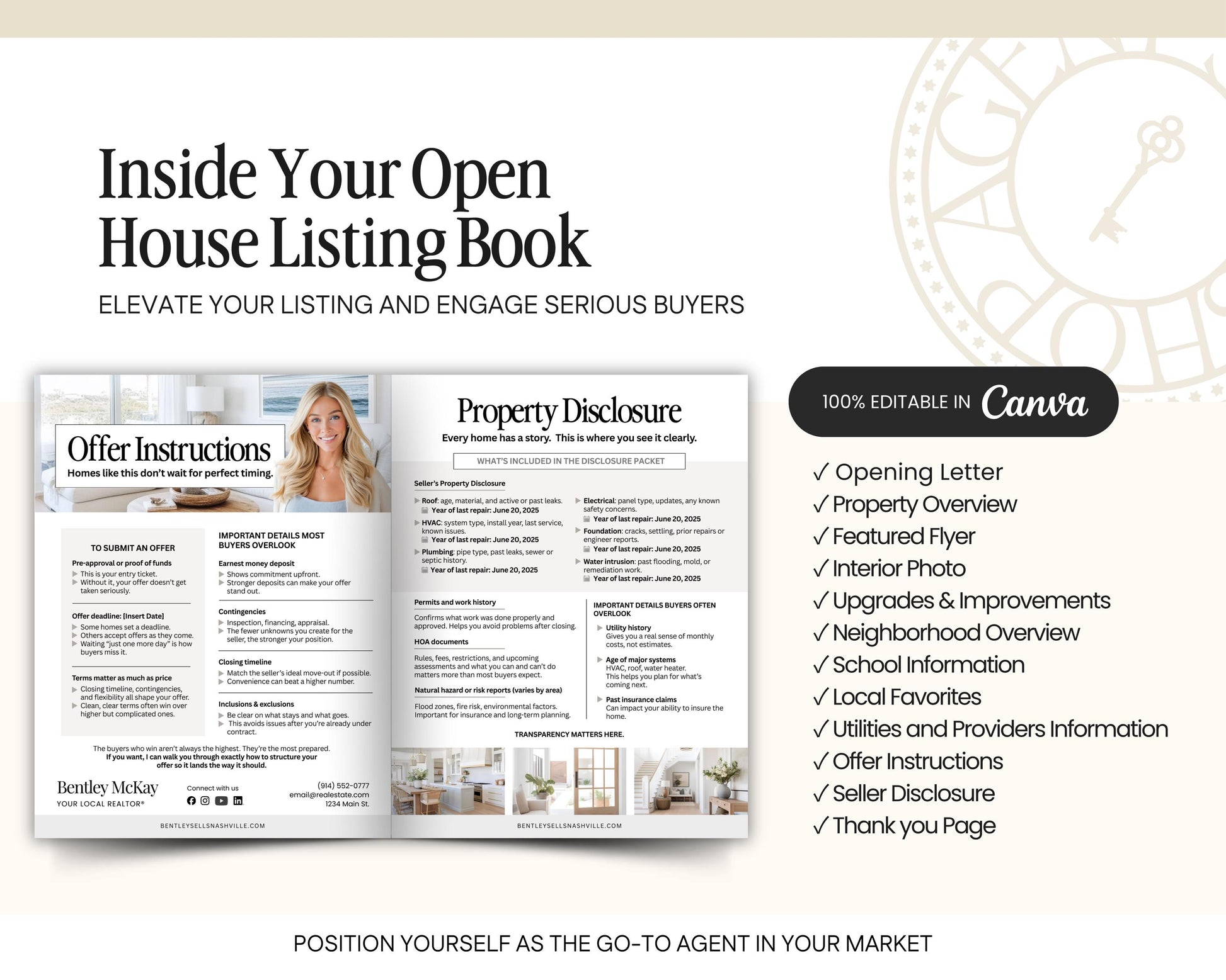 The image is a collage of various images related to real estate listings, including property descriptions, open house instructions, and a list of features and benefits.