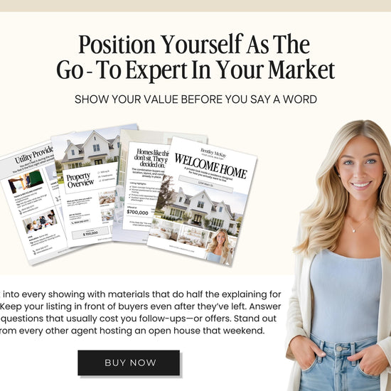 The image is an advertisement for a real estate company, featuring a smiling woman in a beige jacket and blue jeans. The ad highlights the company's focus on positioning oneself as an expert in the market and emphasizes the importance of showing value to potential buyers.