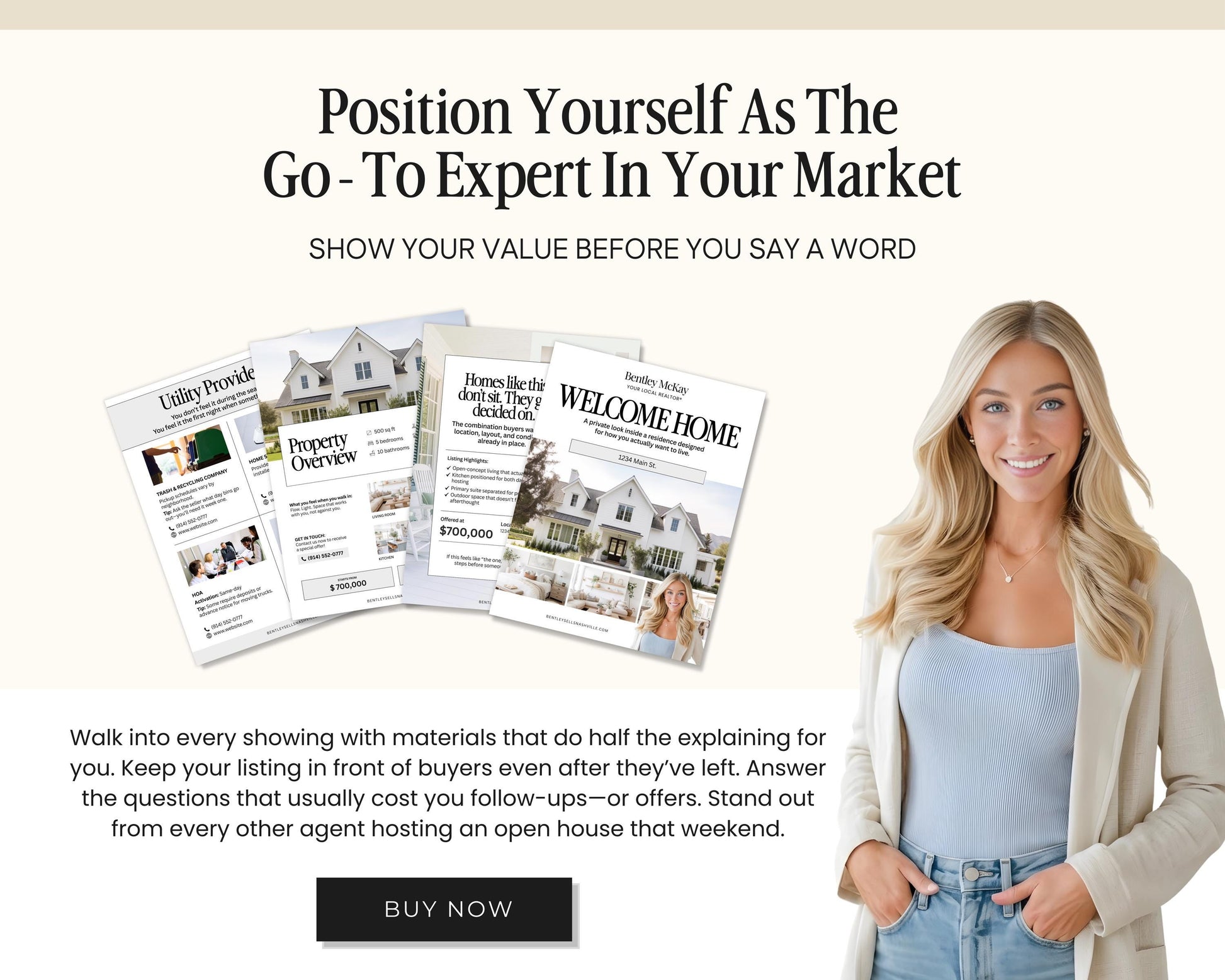 The image is an advertisement for a real estate company, featuring a smiling woman in a beige jacket and blue jeans. The ad highlights the company's focus on positioning oneself as an expert in the market and emphasizes the importance of showing value to potential buyers.