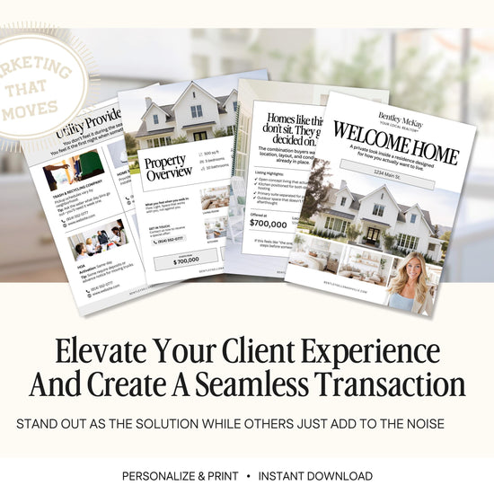 The image is an advertisement for real estate services, featuring a collage of property images and a message encouraging the use of the services to create a seamless transaction.