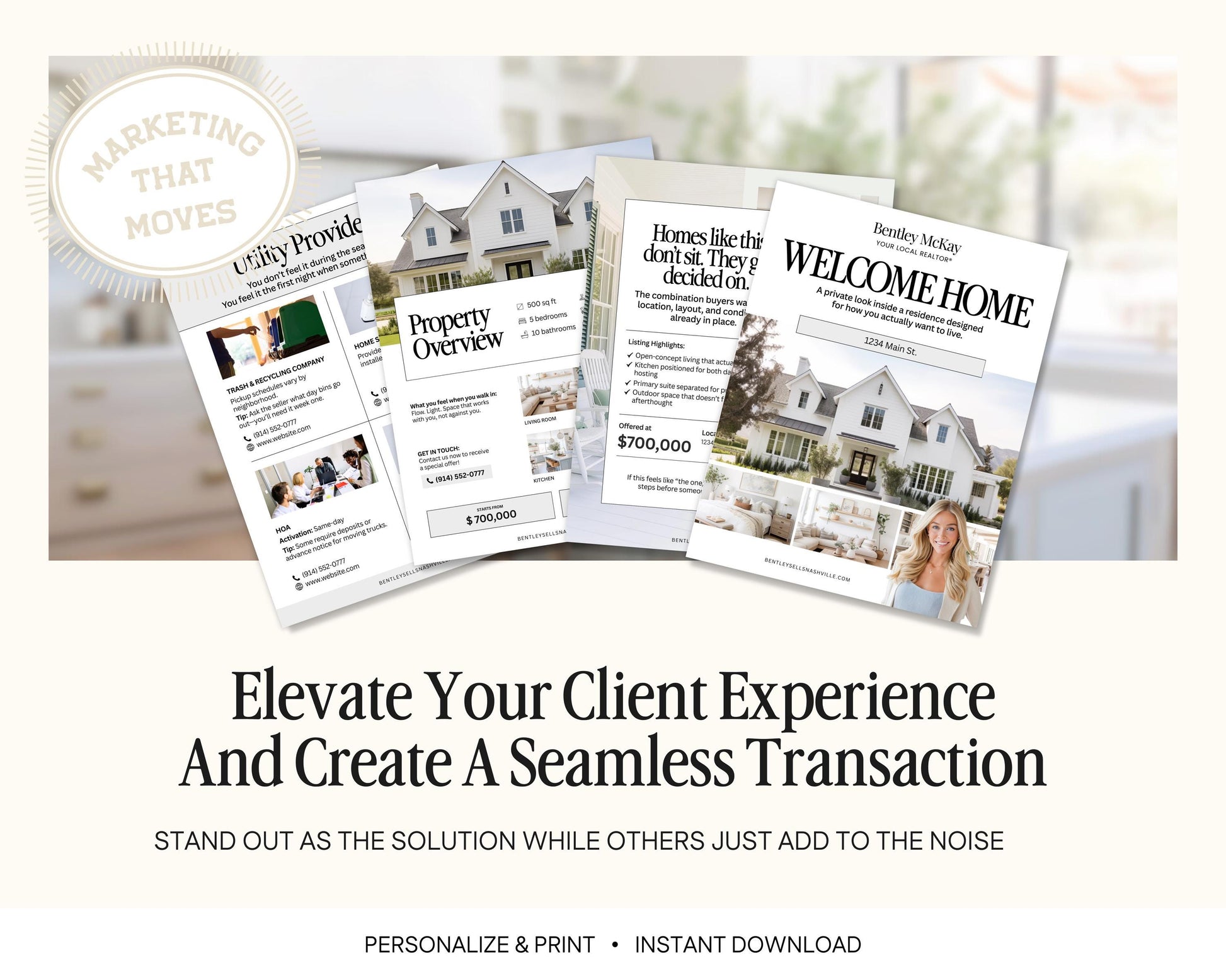 The image is an advertisement for real estate services, featuring a collage of property images and a message encouraging the use of the services to create a seamless transaction.