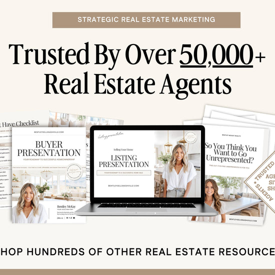 The image is an advertisement for a real estate marketing service, featuring a laptop displaying a presentation slide, brochures, and other real estate-related materials.