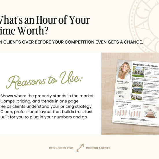 The image is a promotional graphic for real estate agents, featuring a clock, a woman's face, and a list of reasons to use their services.
