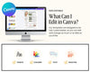 The image is a promotional graphic for a software called Canva, which allows users to create and customize various types of digital content, such as images, graphics, and text.