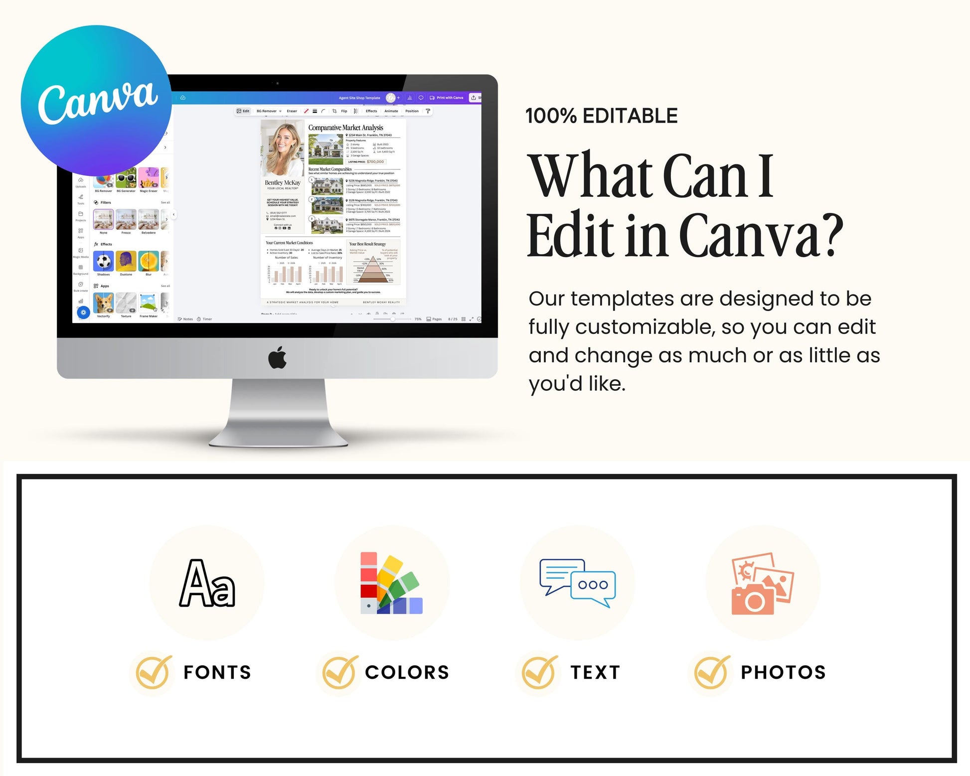 The image is a promotional graphic for a software called Canva, which allows users to create and customize various types of digital content, such as images, graphics, and text.