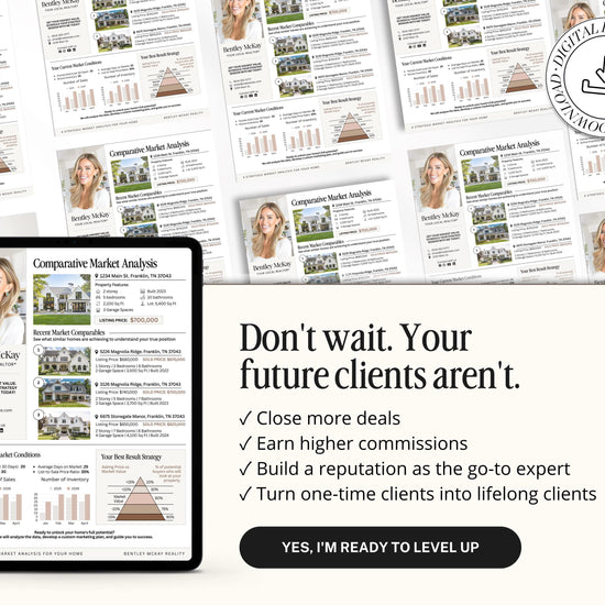 The image is a collage of real estate market analysis documents, including charts, graphs, and photos of residential properties. The text in the image promotes the importance of closing more deals, earning higher commissions, building a reputation as a go-to expert, and turning one-time clients into lifelong clients.