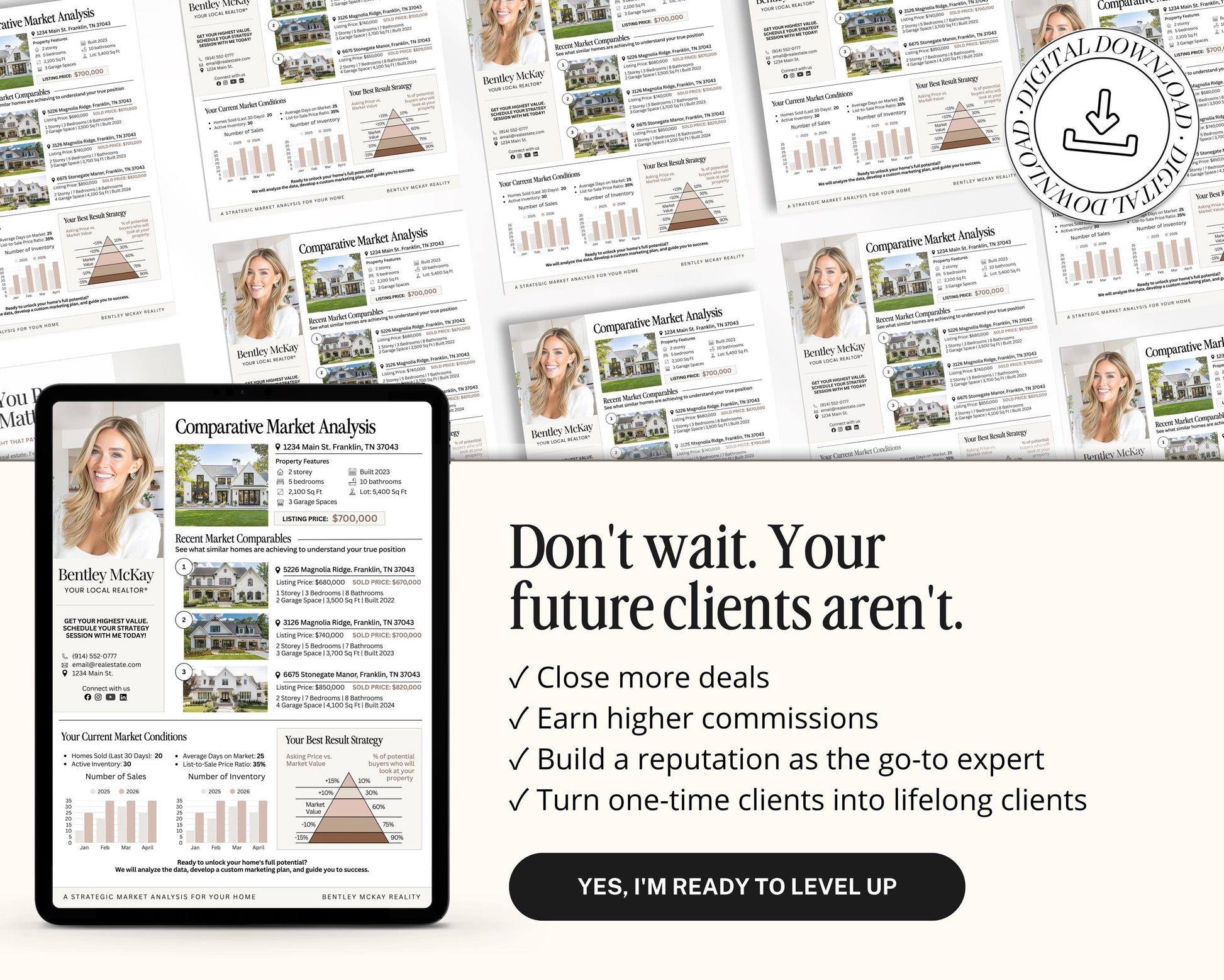 The image is a collage of real estate market analysis documents, including charts, graphs, and photos of residential properties. The text in the image promotes the importance of closing more deals, earning higher commissions, building a reputation as a go-to expert, and turning one-time clients into lifelong clients.