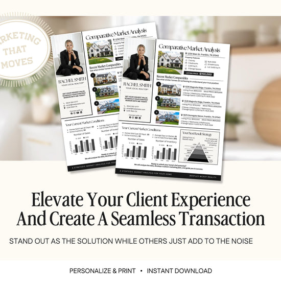 The image is an advertisement for a real estate company that highlights their marketing strategy and services. It features a collage of images showcasing different homes and a woman in a business suit, along with text providing information about the company's services and how they can help clients. The advertisement emphasizes the importance of standing out as the solution while others add to the noise, and it encourages personalization and print options for the viewer to download.
