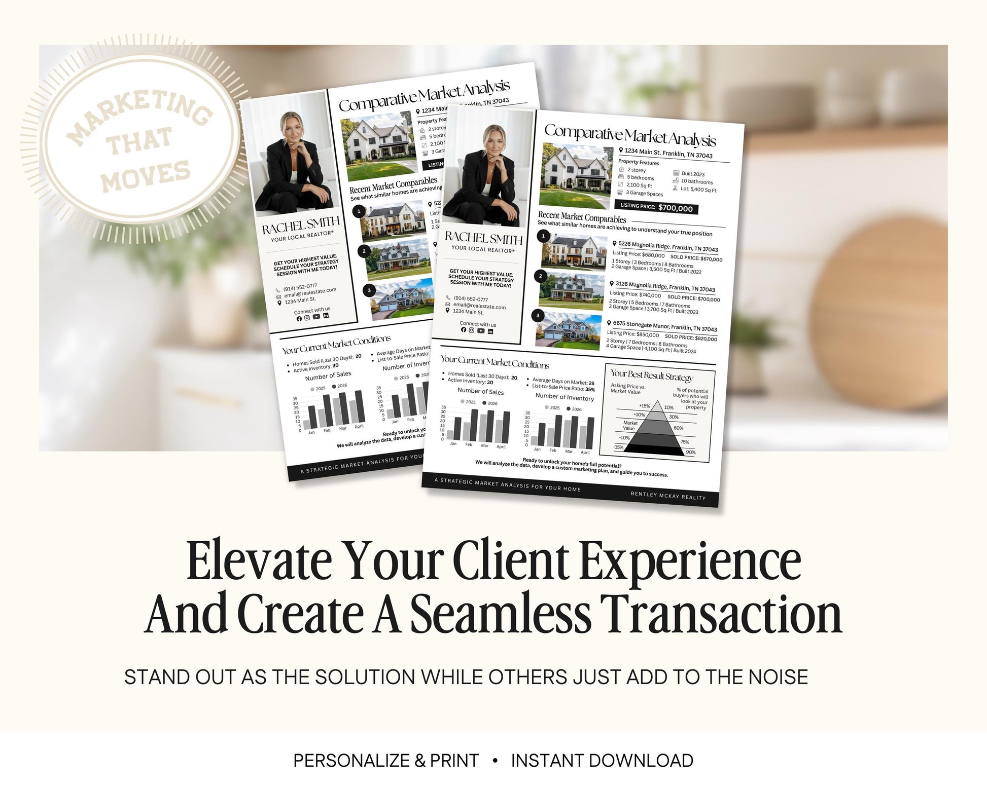 The image is an advertisement for a real estate company that highlights their marketing strategy and services. It features a collage of images showcasing different homes and a woman in a business suit, along with text providing information about the company's services and how they can help clients. The advertisement emphasizes the importance of standing out as the solution while others add to the noise, and it encourages personalization and print options for the viewer to download.