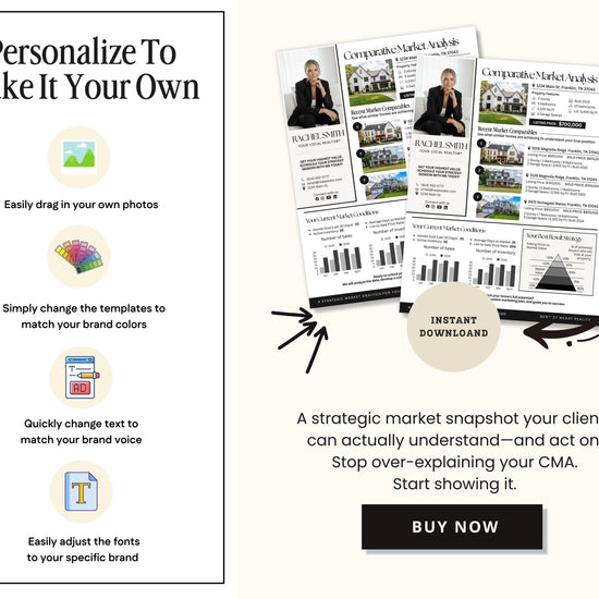 The image is a promotional advertisement for a real estate company that offers customizable business cards and a business card template. It features a woman in a suit, a house, and various text elements such as "Personalize To Make It Your Own", "Easy drag in your own photos", "Simply change the templates to match your brand colors", "Quickly change text to match your brand voice", and "Stop over-explaining your CMA. Start showing it". The advert