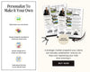 The image is a promotional advertisement for a real estate company that offers customizable business cards and a business card template. It features a woman in a suit, a house, and various text elements such as "Personalize To Make It Your Own", "Easy drag in your own photos", "Simply change the templates to match your brand colors", "Quickly change text to match your brand voice", and "Stop over-explaining your CMA. Start showing it". The advert